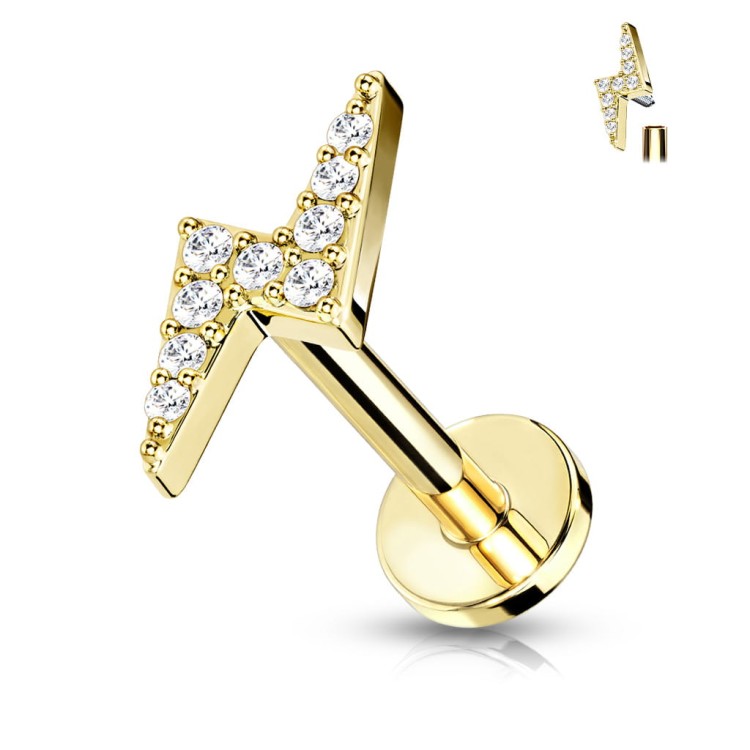 złoty kolczyk Błyskawica  z kryształkiem labret do uszu chrząstki helix tragus stal chirurgiczna