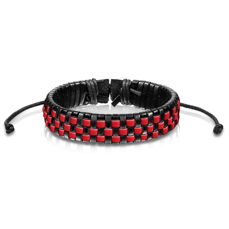 Skórzana bransoletka czarno czerwona kratkę ze sznurkami