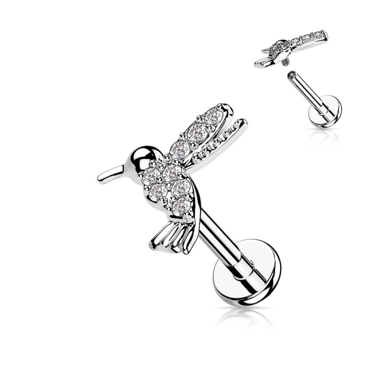 srebrny kolczyk ptaszek, kolczyk koliber, piercing warg, stal chirurgiczna 316L