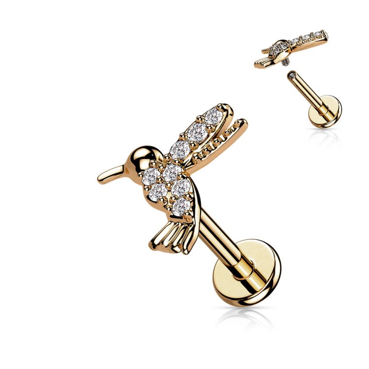 złoty kolczyk ptaszek, kolczyk koliber, piercing  rose gold