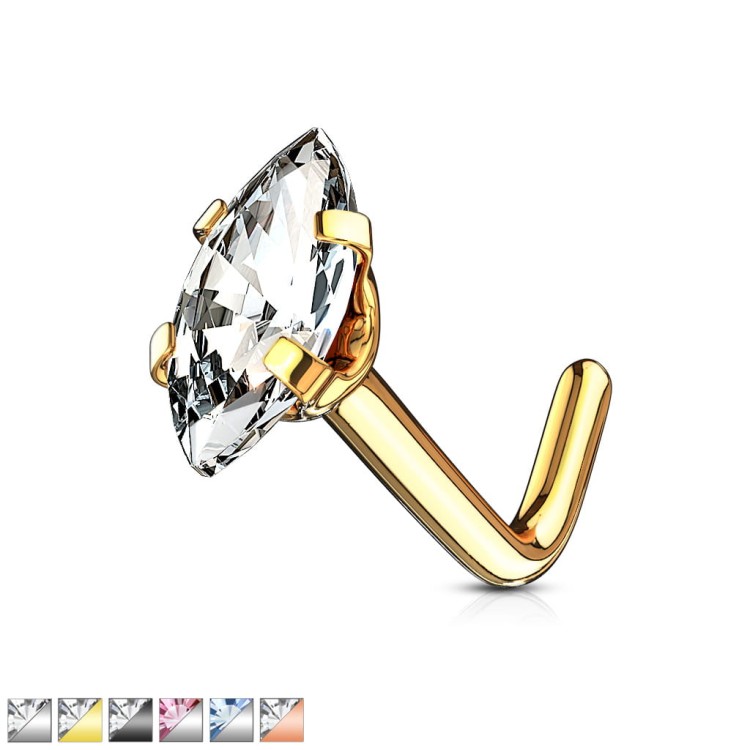 kolczyk do nosa "L" z cyrkonią Marquise, 316L Stal chirurgiczna, 6 mm
