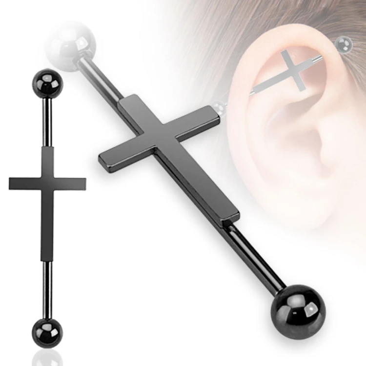 piercing czarny industrial chrząstki w ucho krzyż