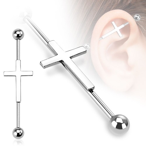 srebrny kolczyk INDUSTRIAL Krzyż piercing do ucha chrząstki