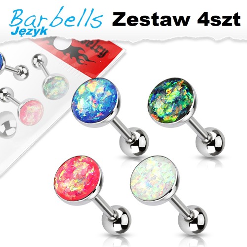 Zestaw 4 kolczyków do języka Opal Glitter stal chirurgiczna