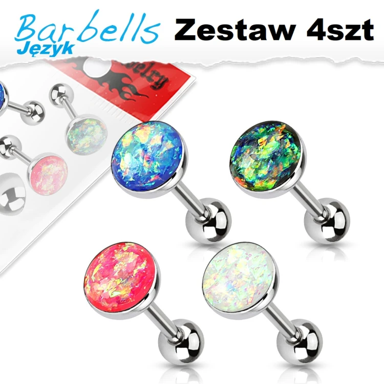 Zestaw 4 kolczyków do języka Opal Glitter stal chirurgiczna
