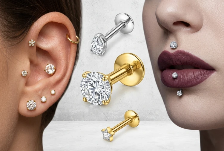Złoty labret tytanowy G23 z kryształkiem luksusowy piercing helix tragus conch (2).png
