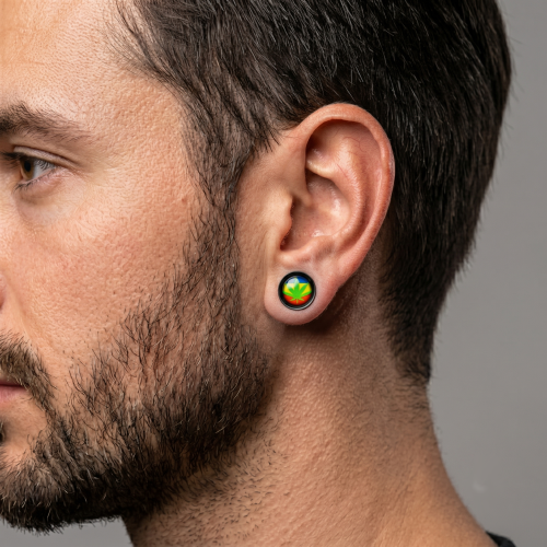 Czarny oszukany fake plug kolczyk do ucha 8mm liść kolorowe tło piercing.png