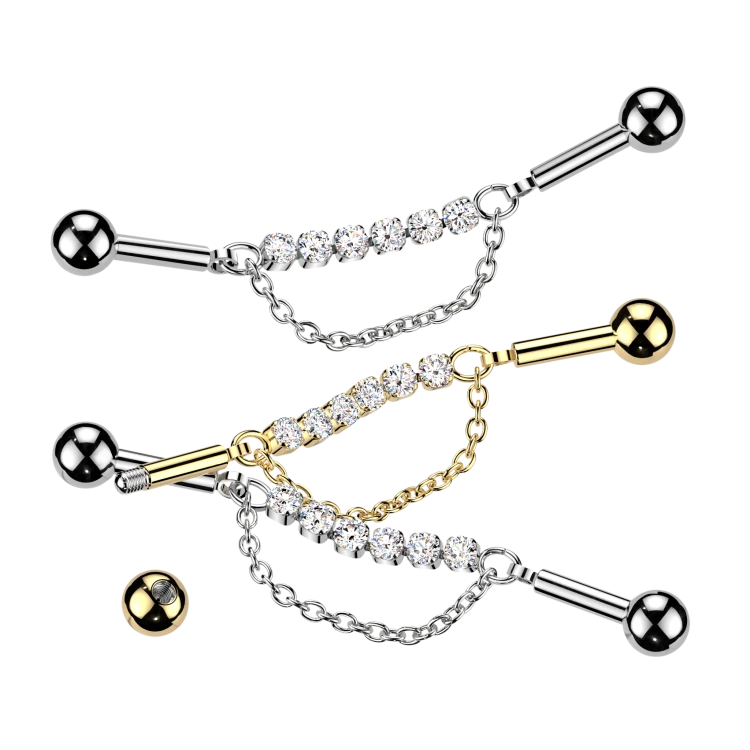 Kolczyk Industrial 6 Cyrkonii z Łańcuszkiem piercing 38mm