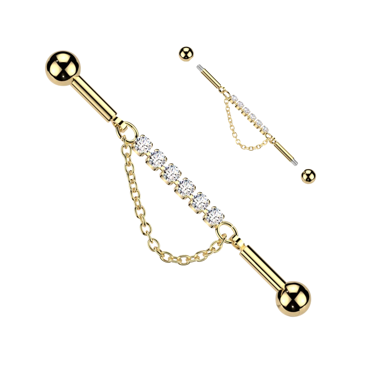 złoty Kolczyk Industrial 6 Cyrkonii z Łańcuszkiem piercing 38mm