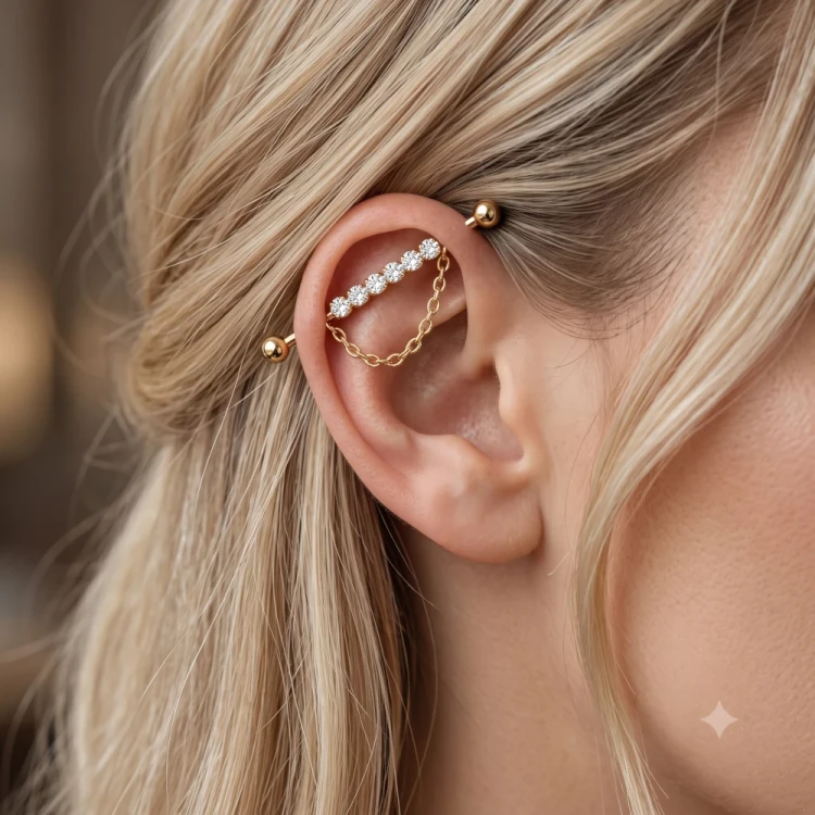 Kolczyk Industrial 6 Cyrkonii z Łańcuszkiem piercing 38mm