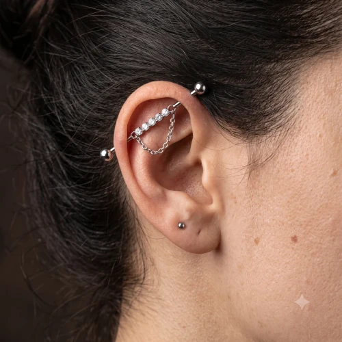 Kolczyk Industrial 6 Cyrkonii z Łańcuszkiem piercing 38mm sklep