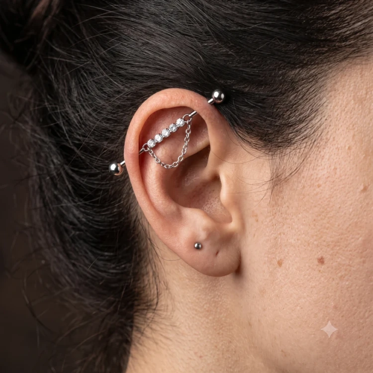 Kolczyk Industrial 6 Cyrkonii z Łańcuszkiem piercing 38mm sklep