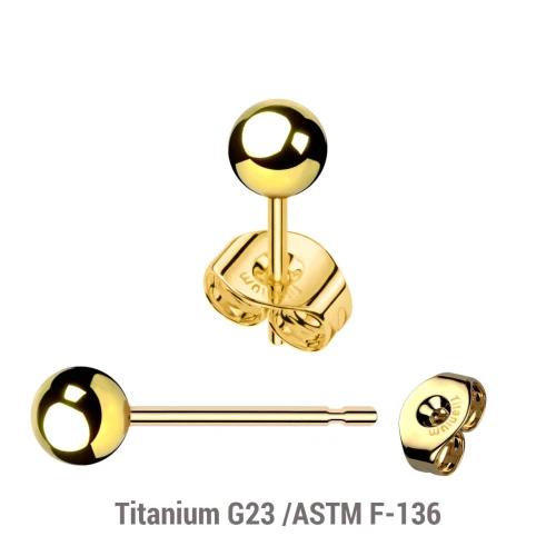 Złote Tytanowe kolczyki do uszu lobe piercing sztyfty z kulkami