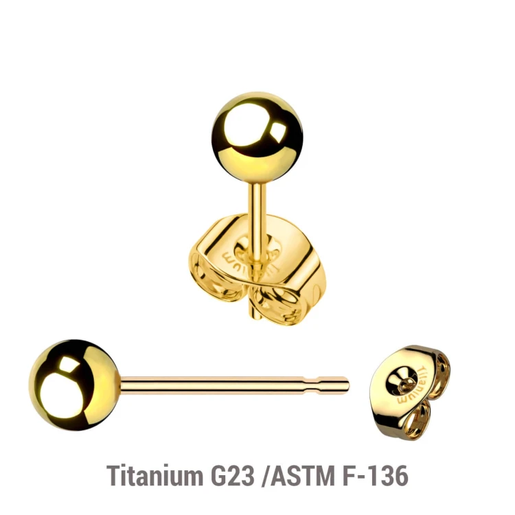 Złote Tytanowe kolczyki do uszu lobe piercing sztyfty z kulkami