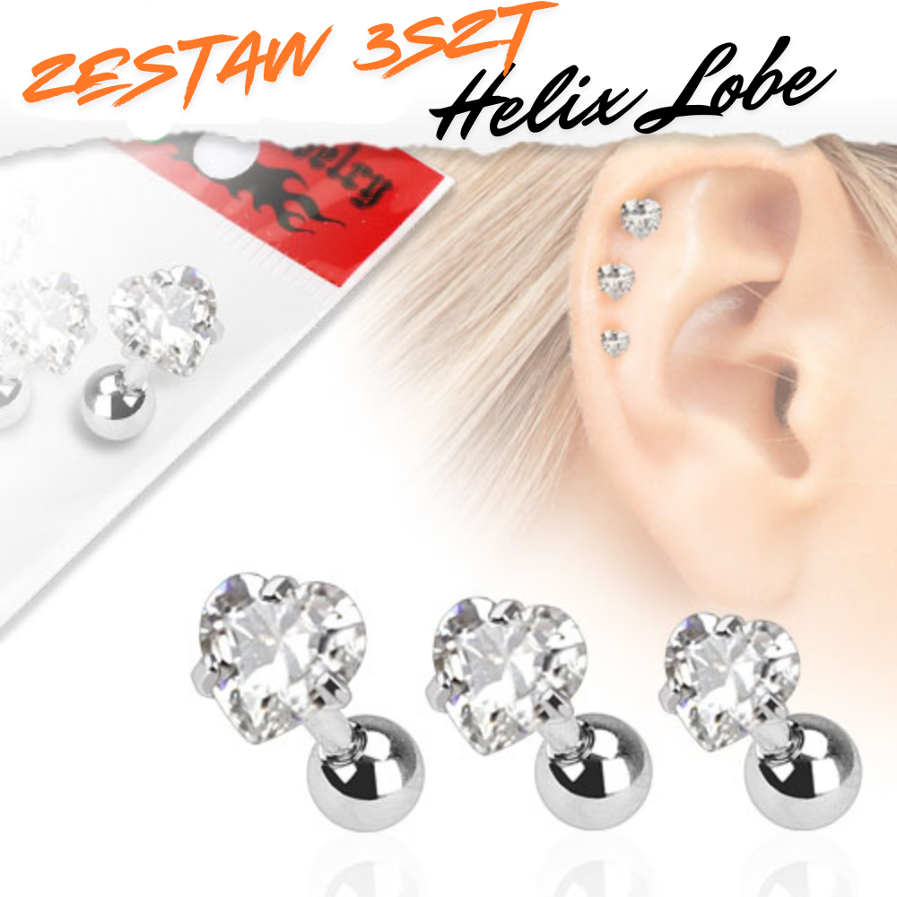 Zestaw 3x Kolczyk do ucha Helix / Lobe serce z cyrkonią