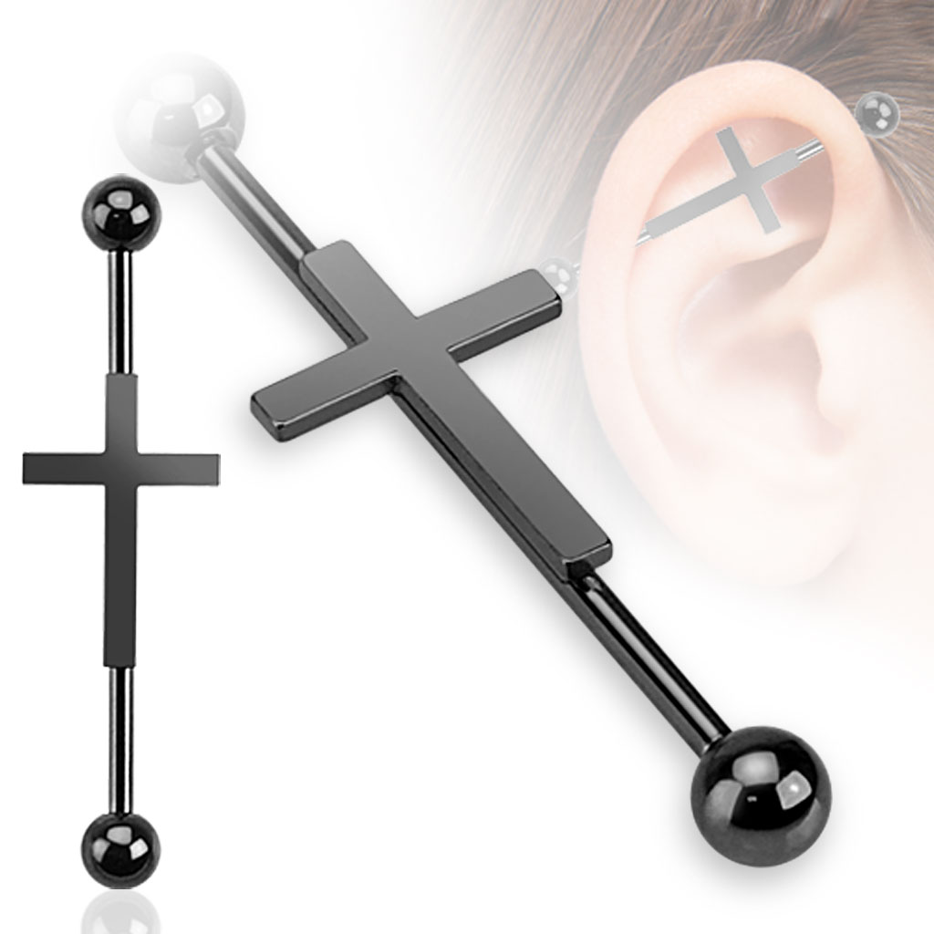 piercing czarny industrial chrząstki w ucho krzyż
