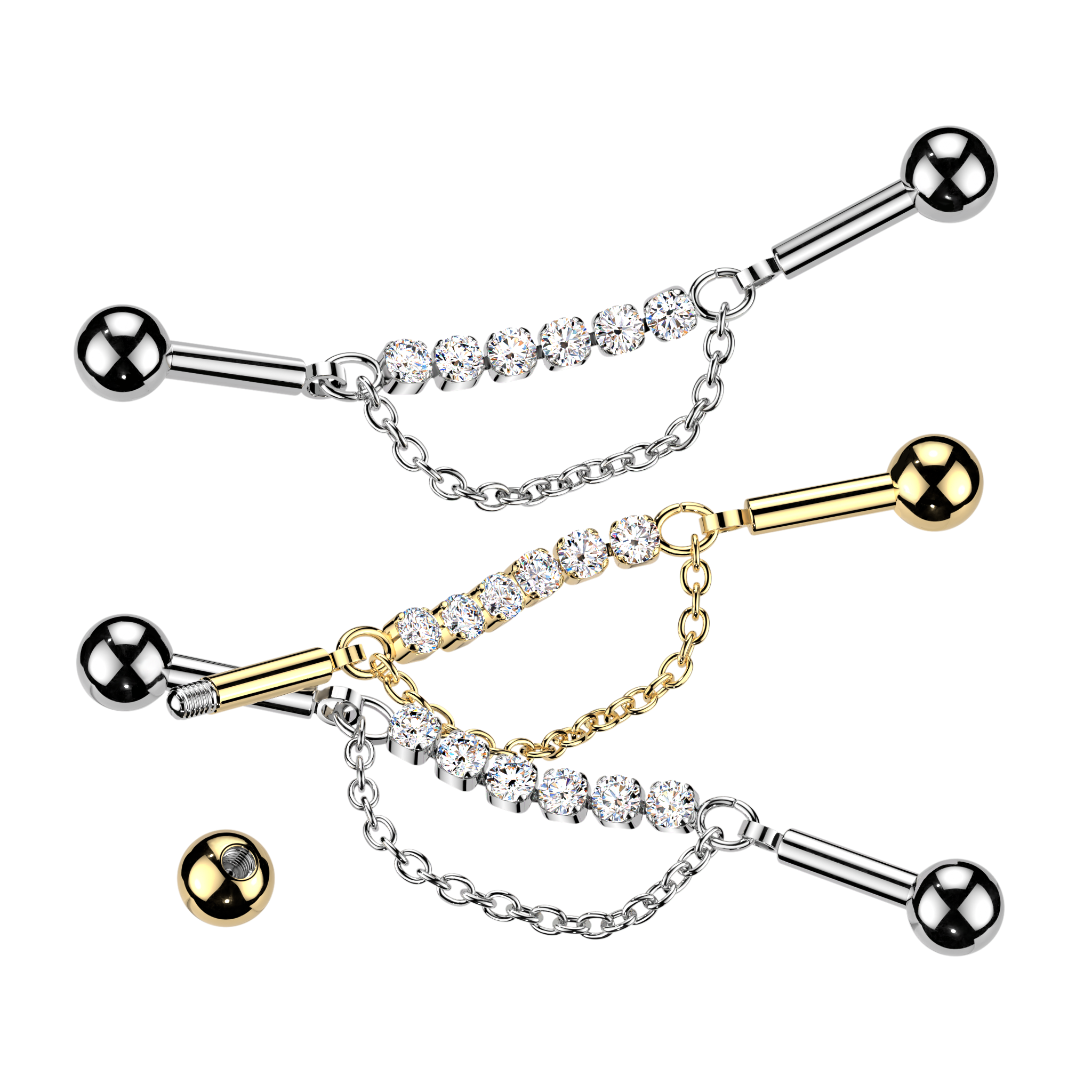 Kolczyk Industrial 6 Cyrkonii z Łańcuszkiem piercing 38mm